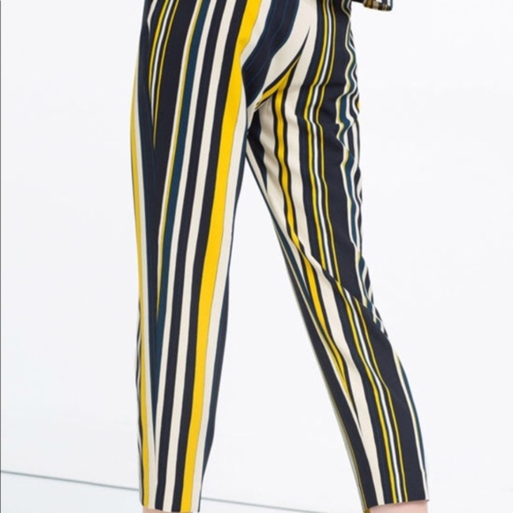 ZARA Blue/White/Yellow Striped Mid Rise Trousers - Picture 8 of 8